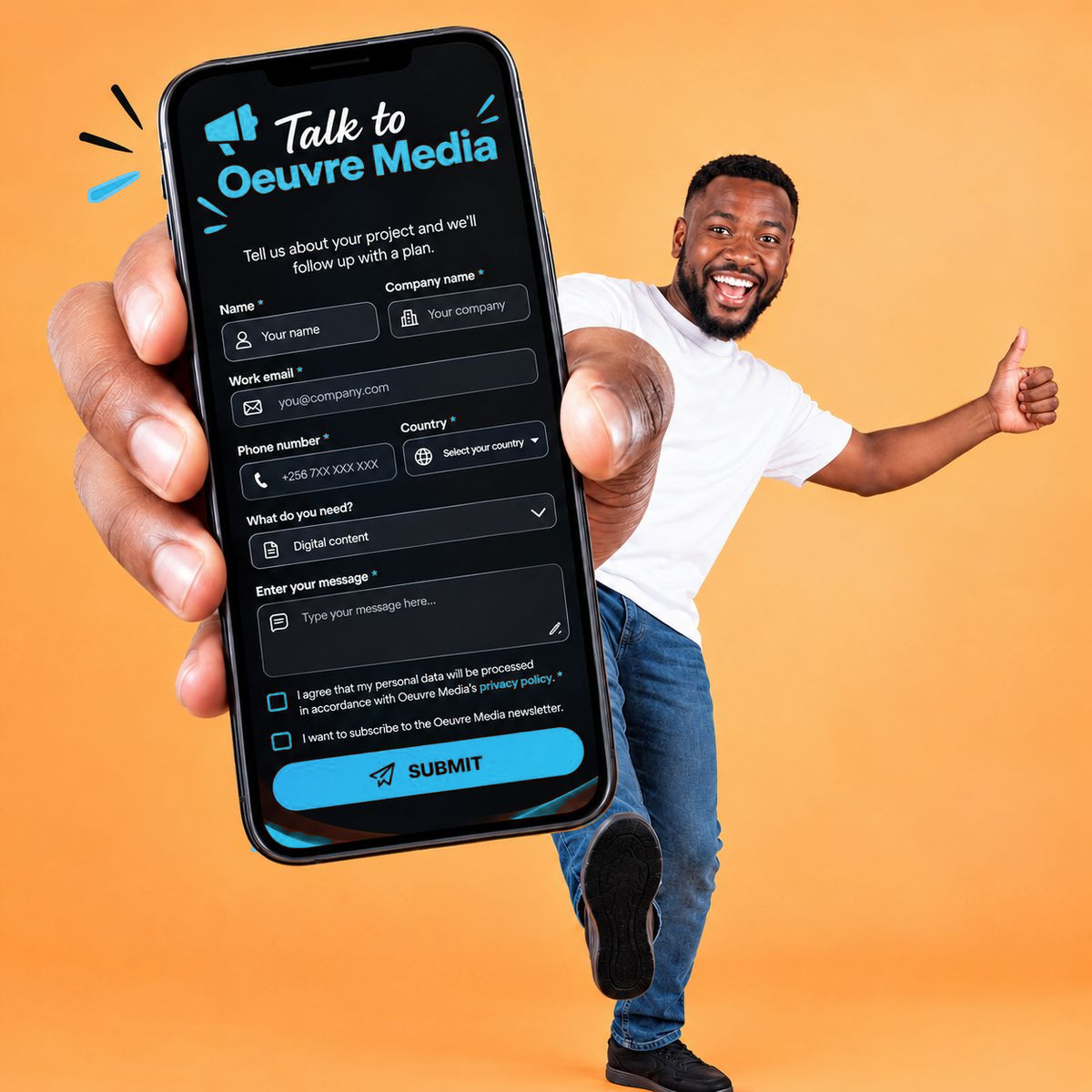 A smiling man holding up a phone showing the Oeuvre Media enquiry form