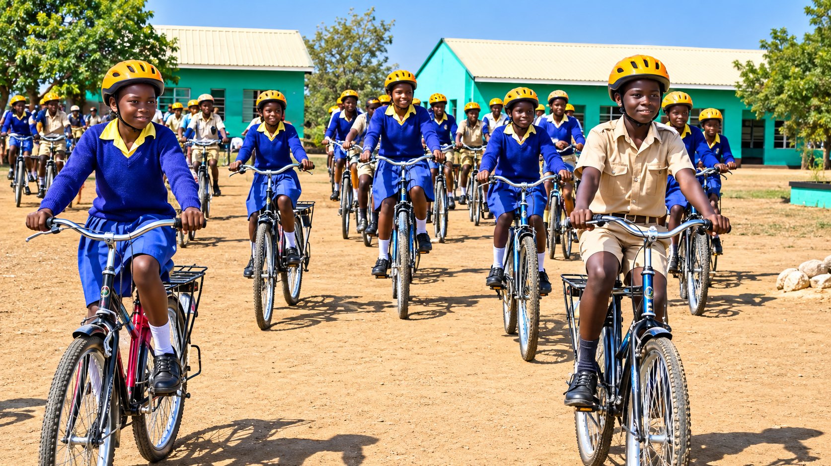 Pupils in school uniform and yellow helmets riding bicycles across a school compound