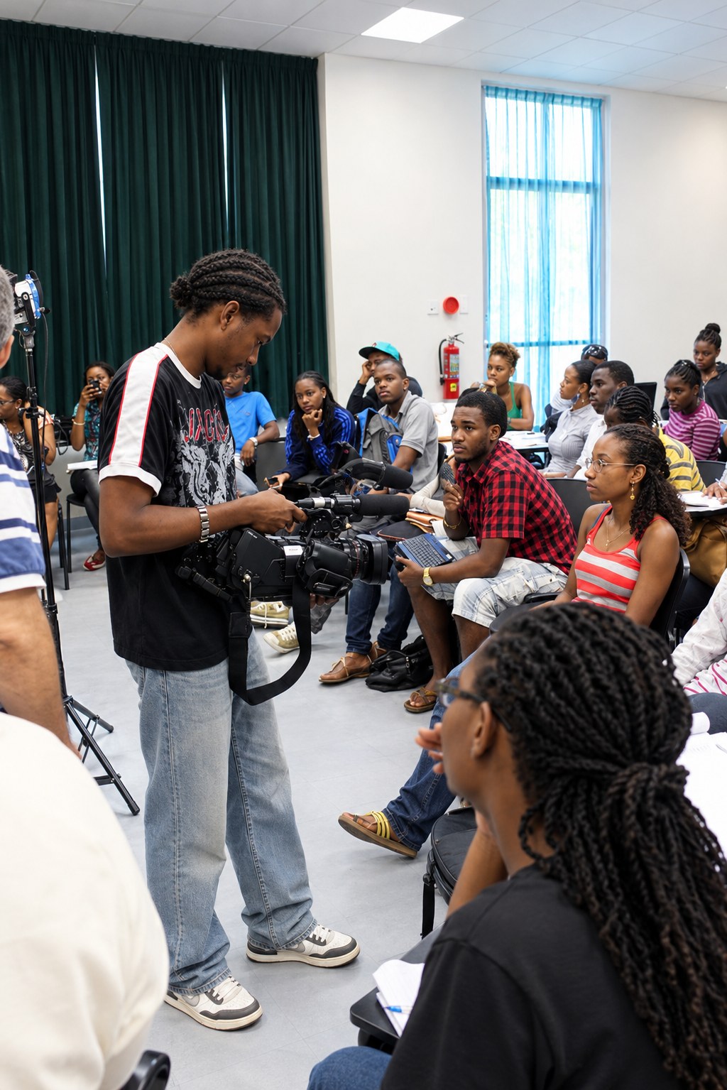 A young cameraman filming a classroom of students during a film workshop