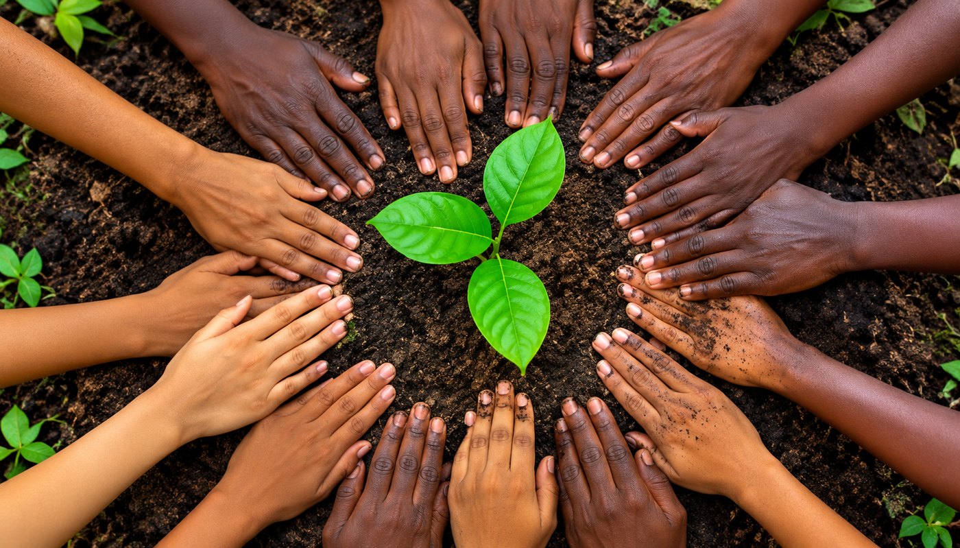 Many hands of different skin tones gathered around a young seedling growing in soil