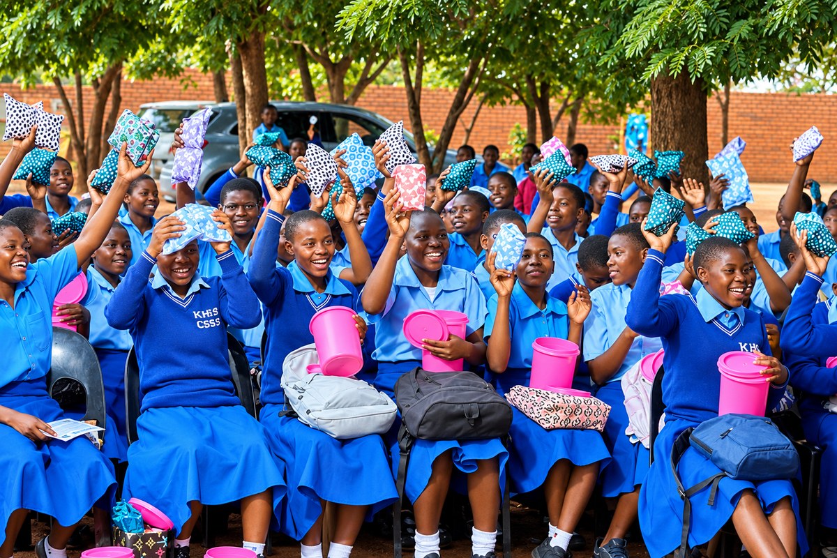 Schoolgirls in blue uniforms smiling and holding up reusable cloth sanitary pads and pink containers at a Petals session