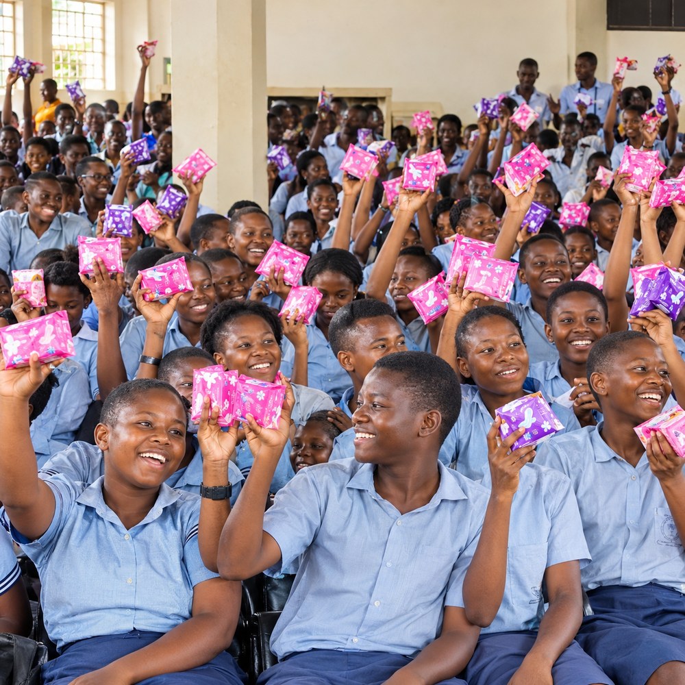 A hall full of smiling schoolgirls holding up packs of sanitary pads