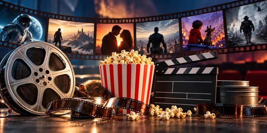 Cinema reels, popcorn and film strip